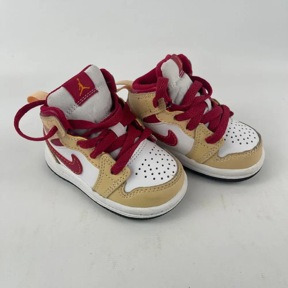 Nike Air Jordan 1 Mid Toddler Red Tan White Shoes US Size 3C
